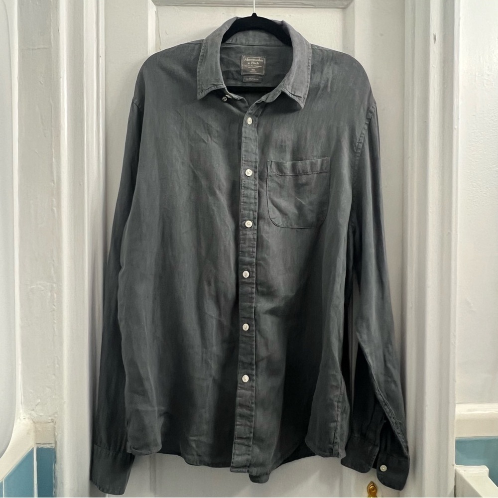 Abercrombie & Fitch Men’s Linen Dark Grey XXL Ling Sleeve Button‎ Up Shirt